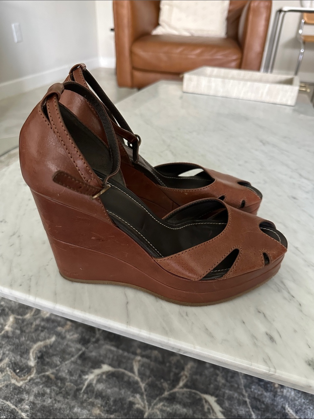 Hogan Brown Leather Wedge Peep-Toe Sandals Size 40